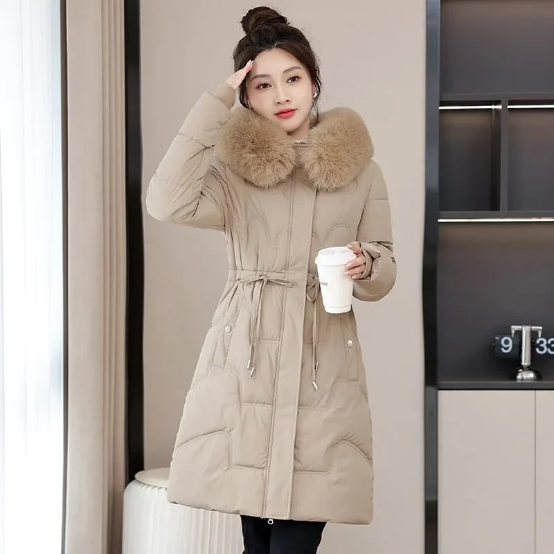 Women Parkas Fashion Mid-Length Down Cotton Jacket New Winter Fur Collar Hooded Slim thick Warm Snow Wear Padded Clothes