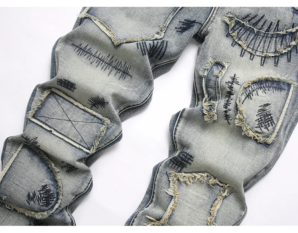 Herren Boot-Cut-Jeans Streetwear mit Patches, freigelegtem Saum, Vintage-Blau, Stickerei, Patchwork, ausgestellte Hose – Detail 8