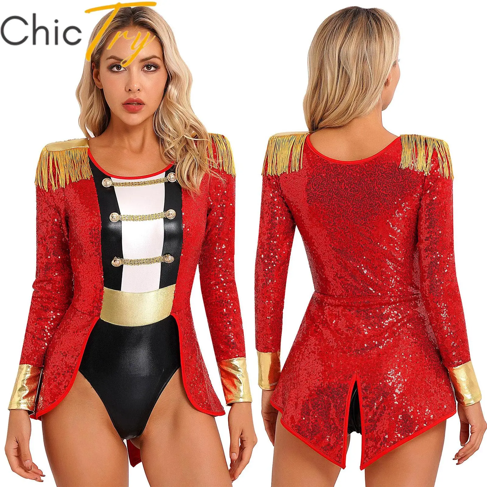 Womens Halloween Circus Ringmaster Costumes Carnival Roleplay Party Tassel Tuxedo Leotard Bodysuit Clubwear Dress Up Clothes