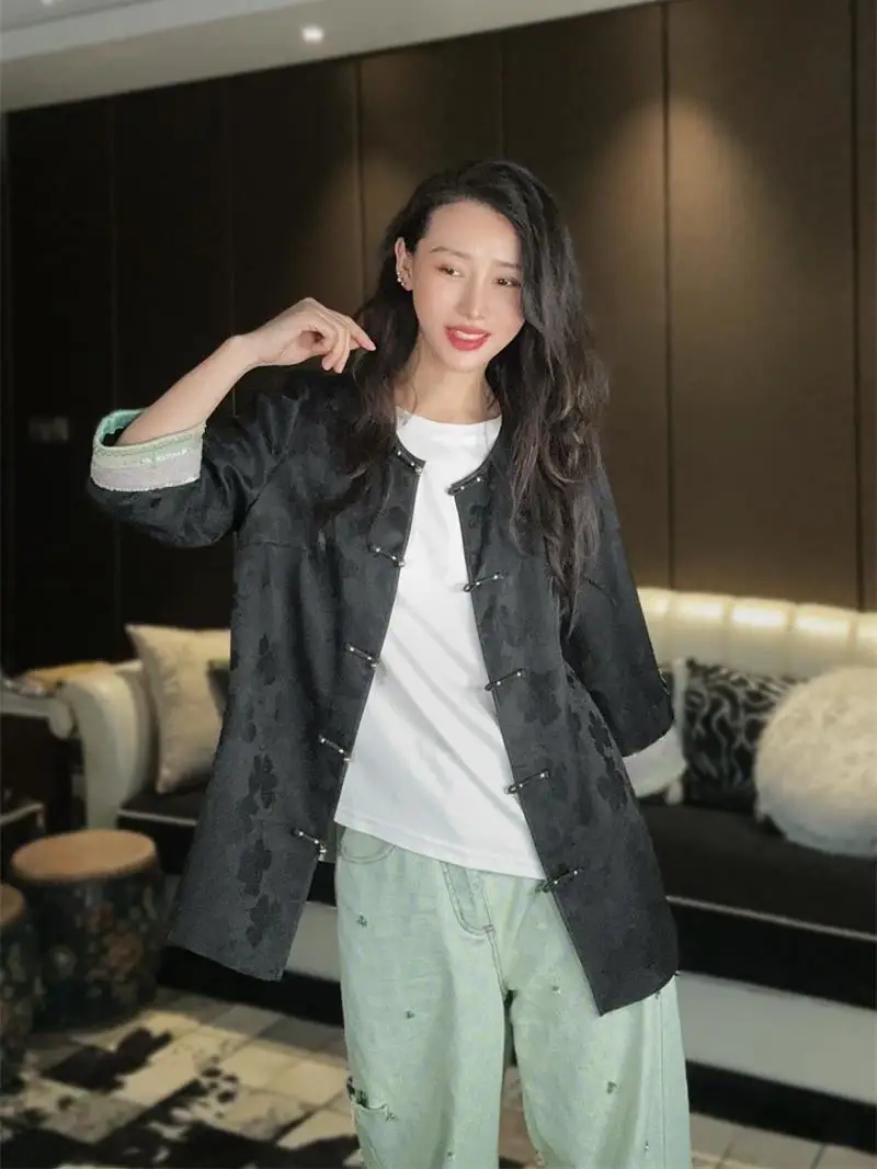 

Silk Embroidered round Ne irt Women's Versatile Vintage Sle Button up Floral Print Top Spring Season Faion Ladies' Wear