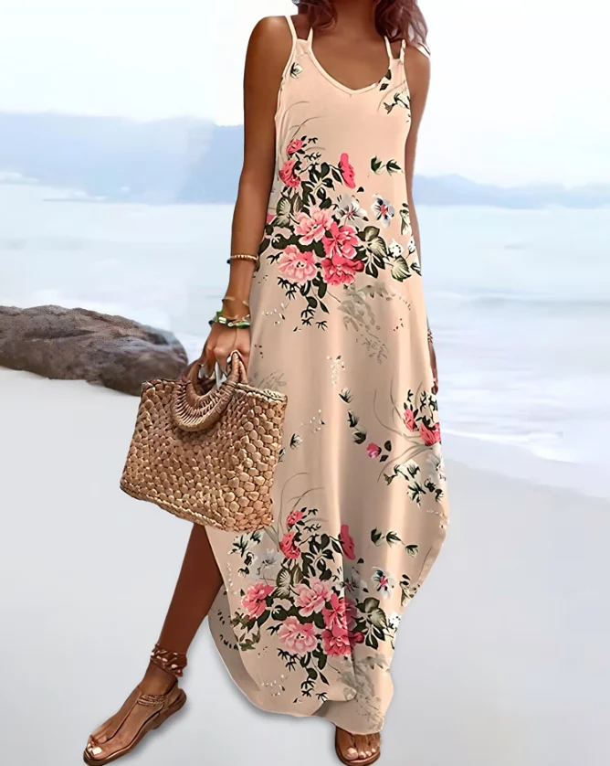 

Womens Dresses 2025 Spring New Floral Print V Neck Spaghetti Strap Boho Maxi Dress Casual Slit Pocket Design Vacation Sundress