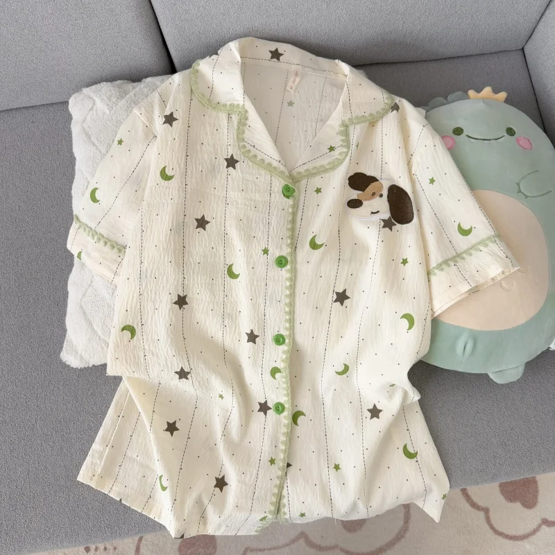 New Spring Autumn Women's 3 Piece Pajamas Set Stars Moon Print Embroidered Puppy Homewear Korean-Style Casual Pajamas Set