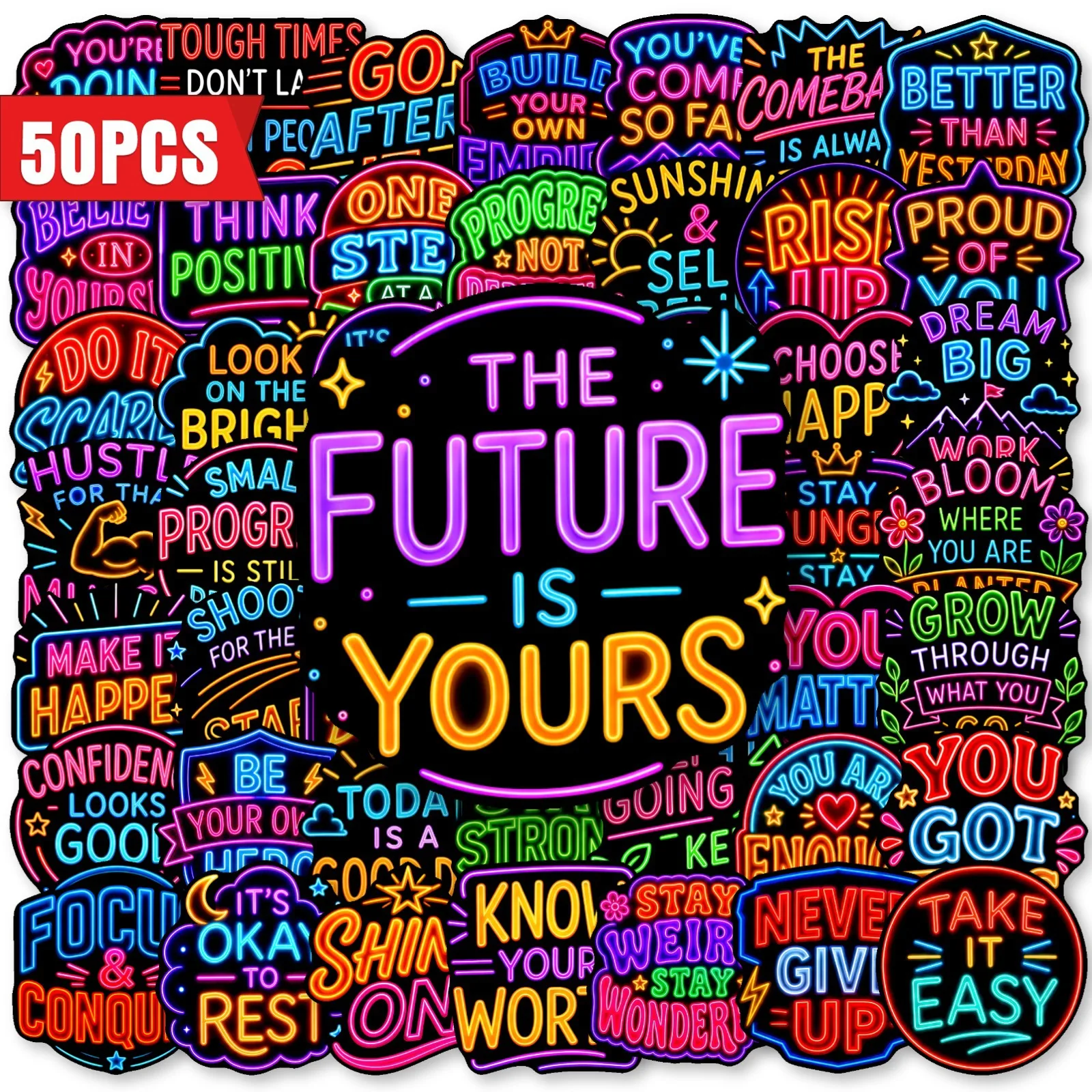 50 PCS Neon Inspirational Slogan Fun Dark Stickers Decorate Luggage Scrapbook Helmet Skateboard Waterproof Stationery Decals