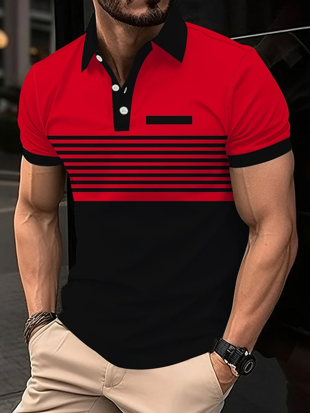 Summer Men's Minimalist Polo Shirt Fashion Horizontal Stripe Lapel Business outdoor Tops Loose and Comfortable T-Shirts for Men