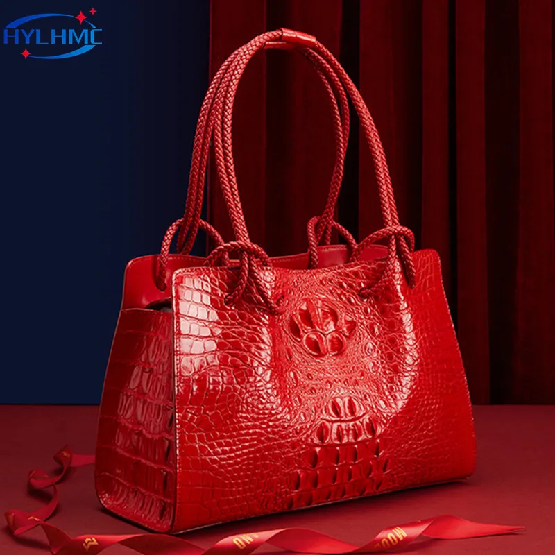 Luxury Genuine Leather Women\'s Handbags Red Crocodile Pattern Lady Tote Bag Fashion Travel Portable Shoulder Underarm Bags