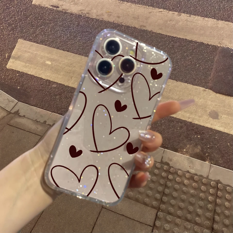 Funda de silicona Y2K con corazón y glitter para iPhone 17 15 16 11 12 13 14 Pro Max Plus, transparente suave y resistente a golpes 5