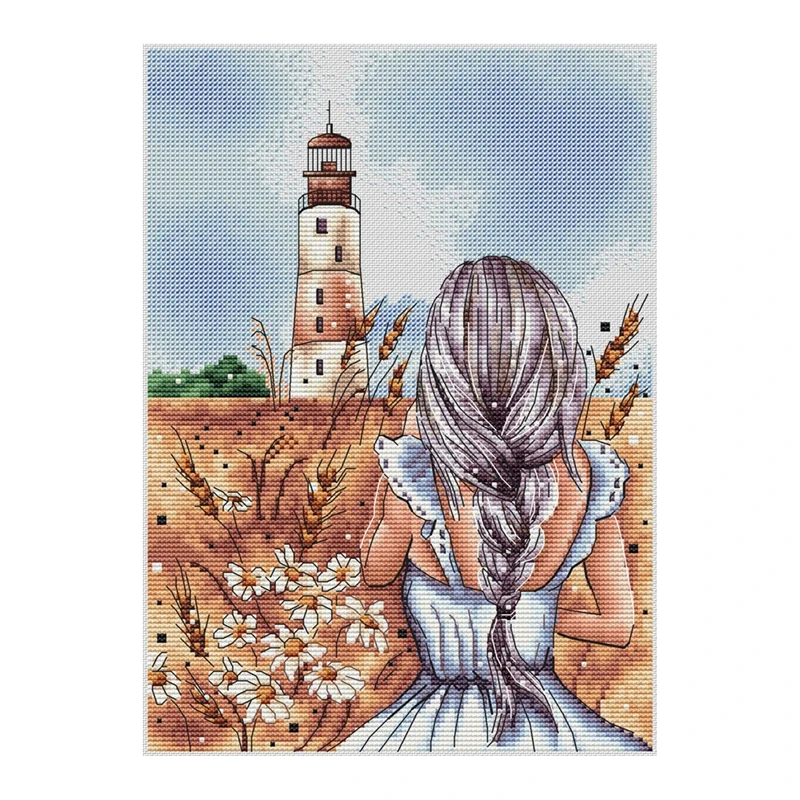DIY Cross-stitch Kit Embroidery Handwork Lighthouse & Girl's Silhouette Optional Printed Design Cross-point Saga Craft Kit