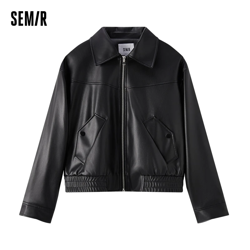 Semir Outerwear Women Lapel Solid Color Garment Versatile Casual Vintage Spring Trendy PU Faux Leather Jacket High Street Style