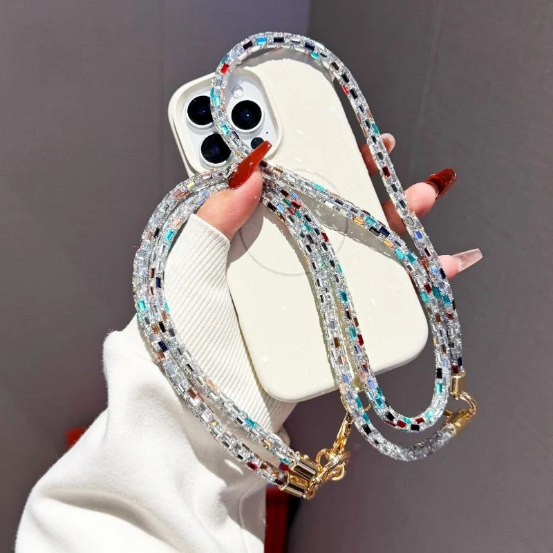 

2 In 1 Square Crystal Rhinestone Phone Lanyard Luxury Bling Bright Diamond Anti-lost Rope Strap Hanging Cord Chain Phone Case