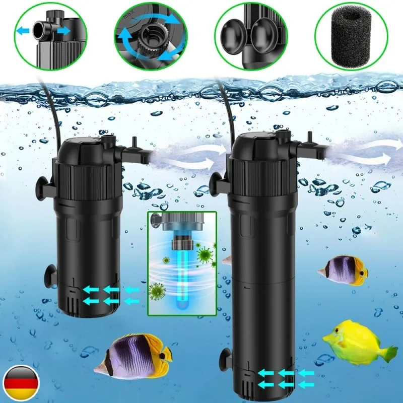 5-in-1 3W/8W UVC Klärer Aquarium Innenfilter mit Timer 500L/H/800L/H Einstellbarer Aquarium Innenfilter mit UVC Klärer Pumpe für Meerwasser und Süß Becken 40-120L/100-300L Volumen