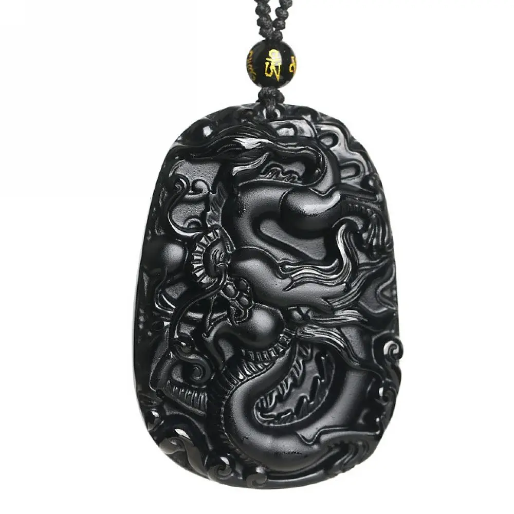 Natural black Obsidian dragon Necklace Amulet pendant Bead with adjustable bead Chain for Wen or Women