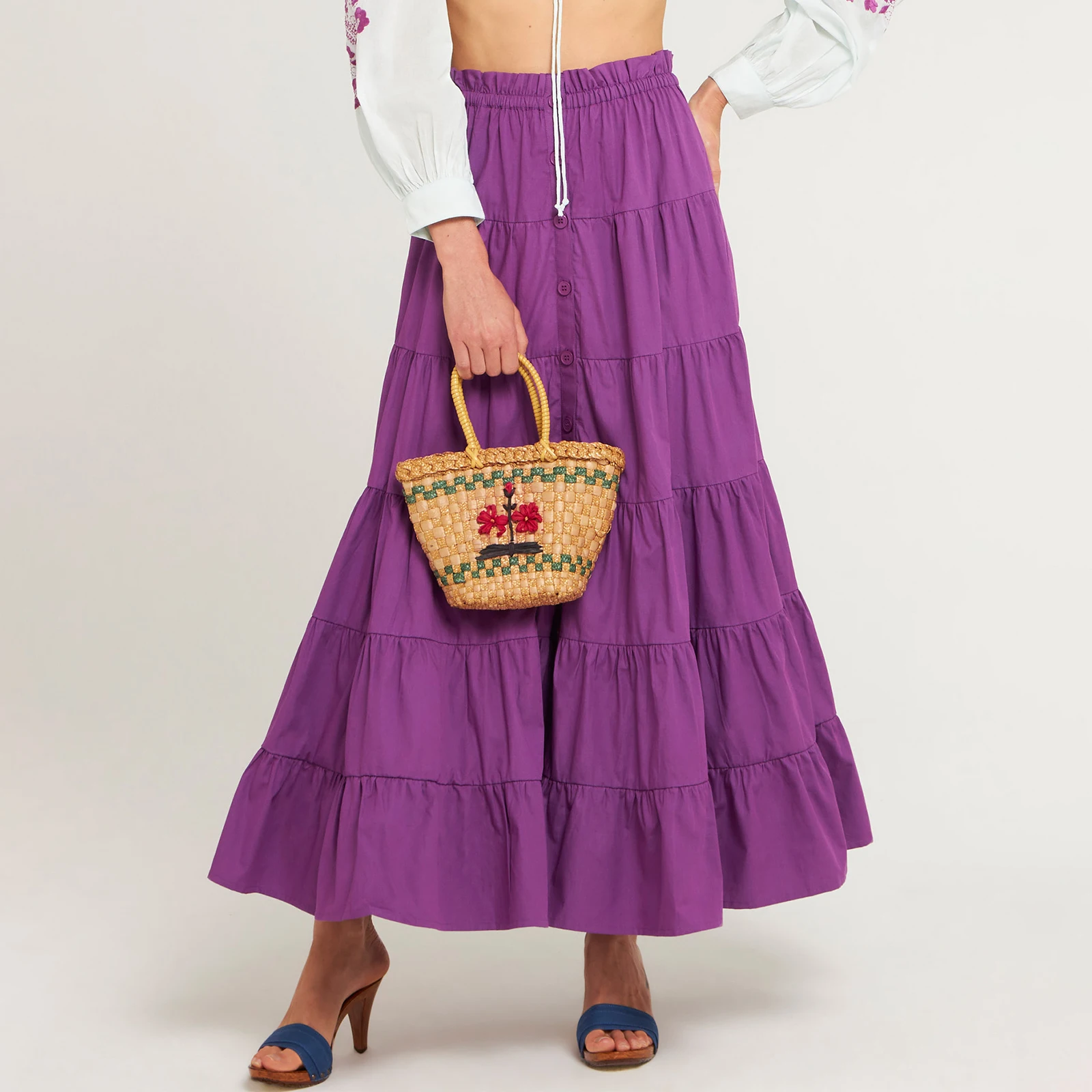 Women's Summer High Waist Skirt Solid Color Tiered Button Long Skirt for Travel Beach Shopping