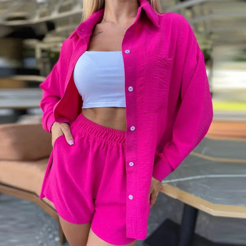 Matching Sets Single Breasted Long Sleeve Blouses Elastic Waist Shorts Casual Solid Cardigan Loose Fit 2024 Pockets Button