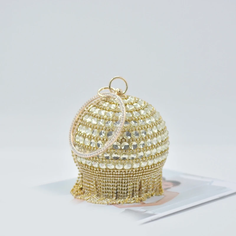 Womens Evening Bag Round Clutch Ball Shaped Handbag Crystal Tassels Purse Evening Clutch Purse for Wedding Party Prom