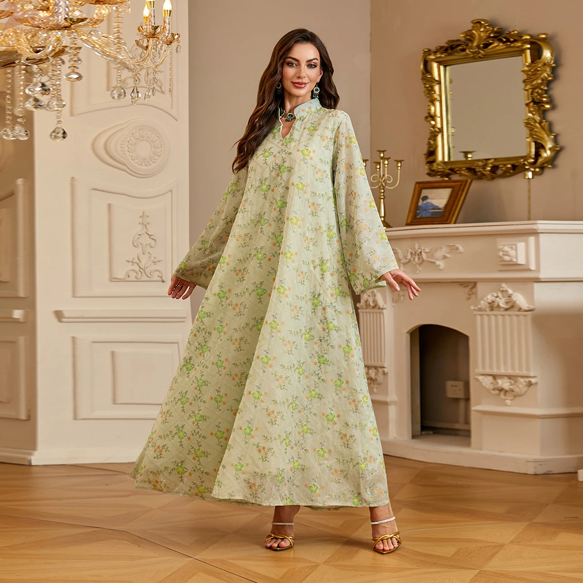 Uni Dubai Floral Print Rhinestone Luxury Women Evening Maxi Dress Abaya Long Sleeve Modest Muslim Dress 2026
