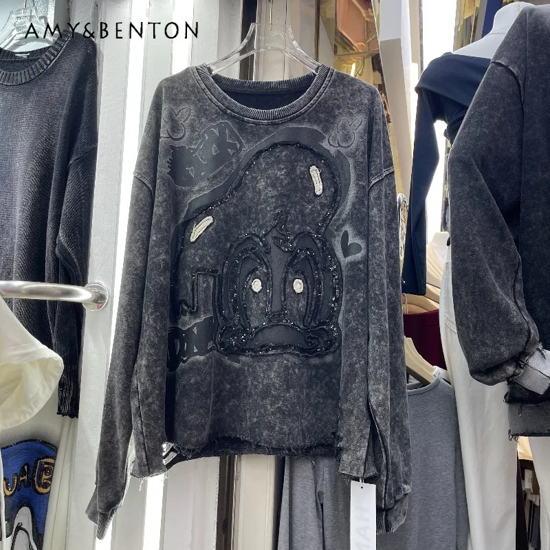 European Autumn New Kawaii Sweatshirt Heavy Industry Cool Sequin Long Sleeves Jacket Fun Printed Top Sudaderas Streetwear Women