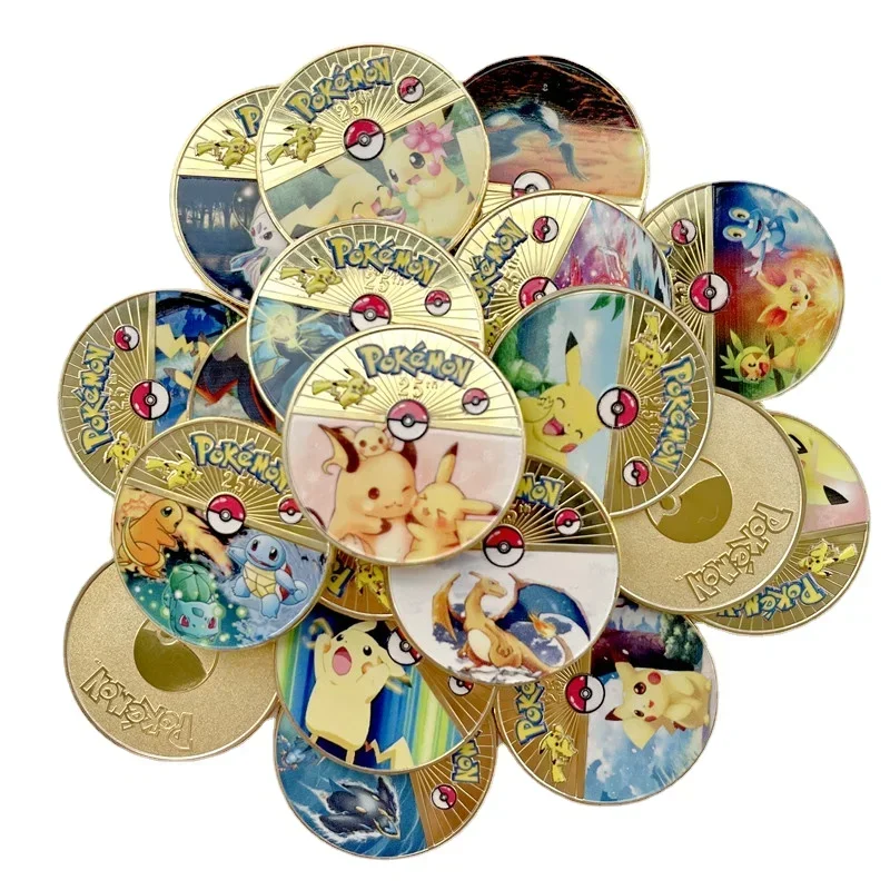 Gold Pokemon Coins Pikachu Anime Commemorative Coin Charizard Golden Round Metal Coin Toys