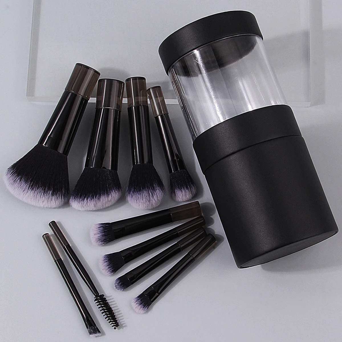 10 個の柔らかい毛のミニメイクブラシ多目的メイクアップセット + 1 個の大容量カバー付きメイクブラシ収納バケツ