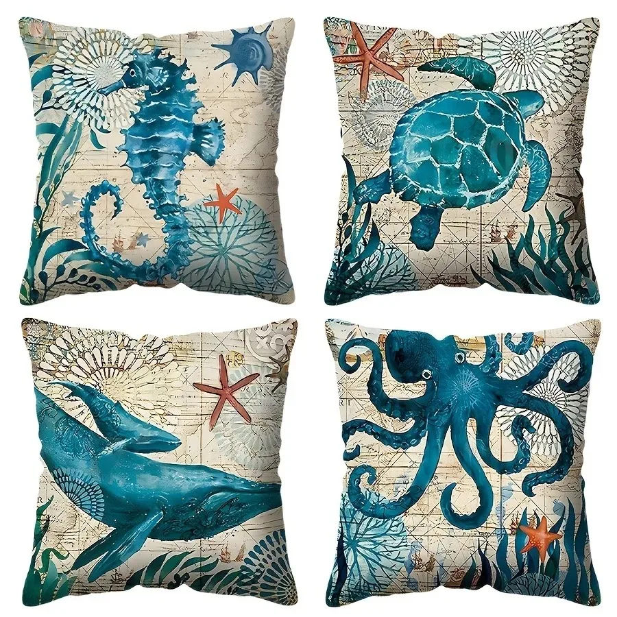 Home Decor Ocean Creatures Map-Printed Pillow Covers Pattern Cushion Cover Suitable for Sofa Bedroom Car Pillow Cover