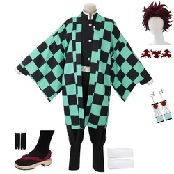 Adulto/bambini Kamado Tanjirou Costume Cosplay parrucca scarpe Kimono mantello verde orecchini adesivi tatuaggio