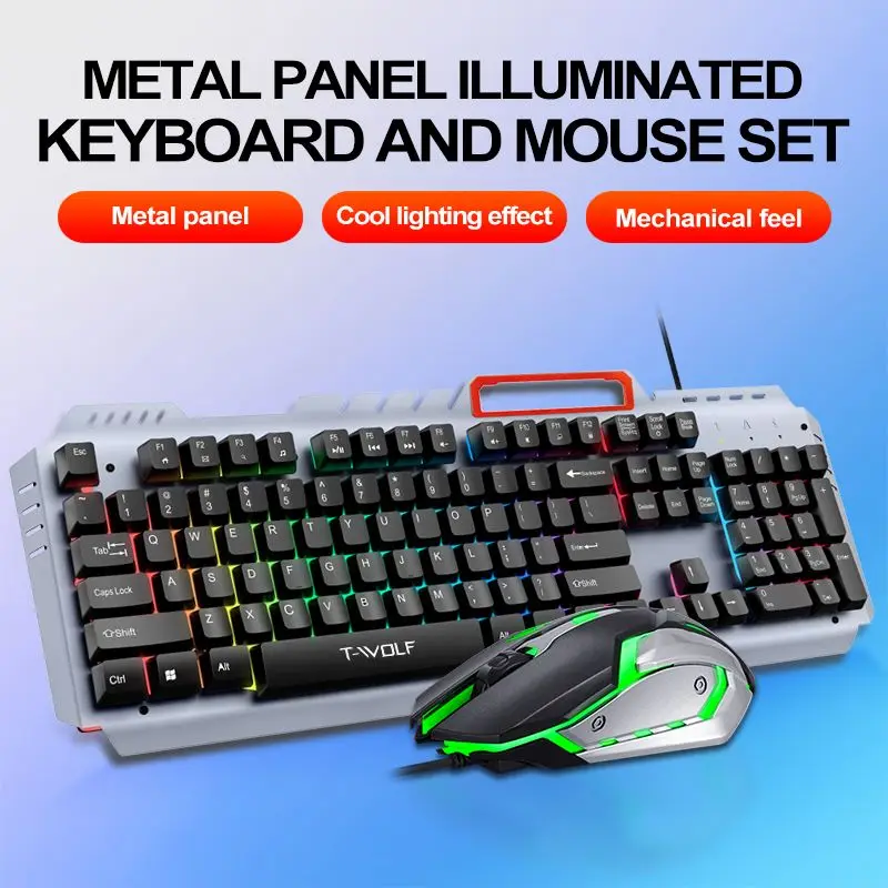 T-WOLF Gaming Keyboard and Mouse Sets Metal Wired Luminous key board for Game Accessories Pc Gaming