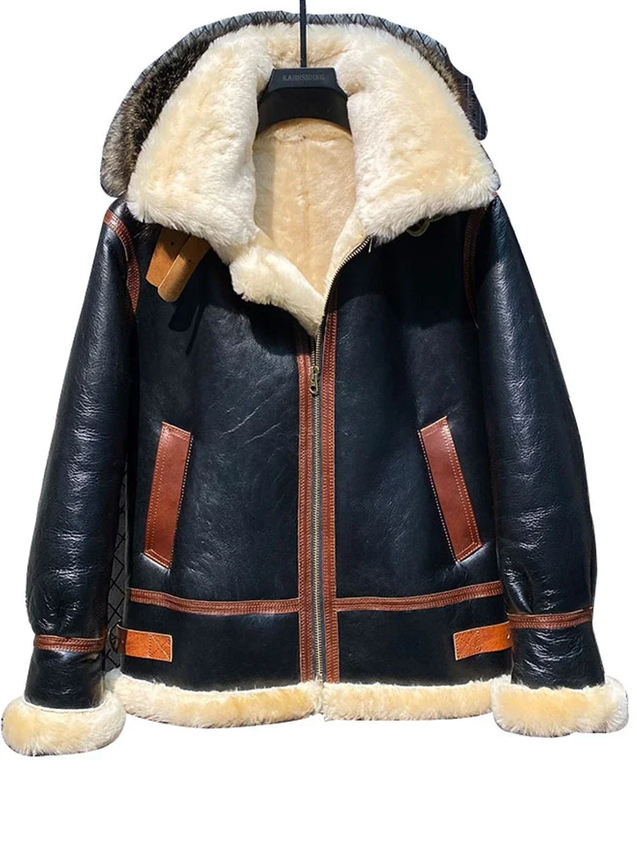 Luxury Men's Genuine Sheepskin Shearing Leather Coat Wool Liner Jacket with a Hood Thick Warm Pilot Clothing XXXXXXXL Size 60 62