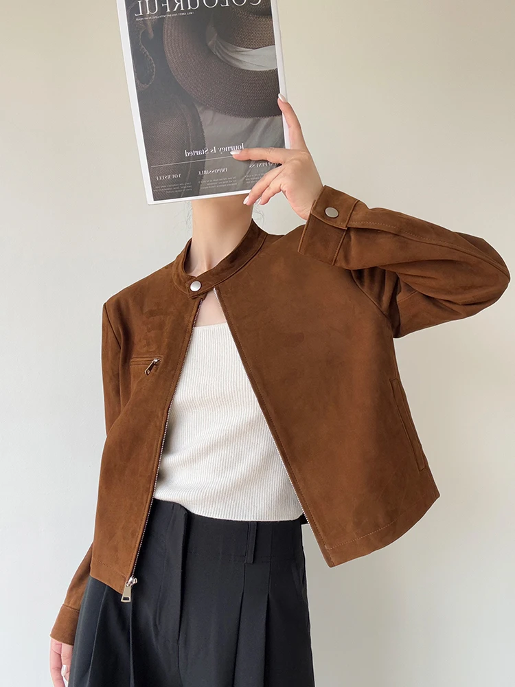 سترات كلاسيكية قصيرة من الجلد الطبيعي من جلد الغزال للنساء لربيع وخريف 2025 معطف جديد عالي الجودة بسيط بياقة واقفة معطف من جلد الغنم الحقيقي النحيف #6