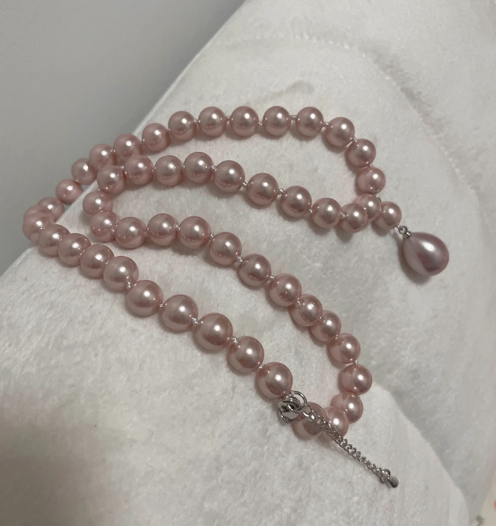 Bright purple 8mm round bead Natural SOUTH SEA SHELL PEARL 12mm pendant NECKLACE 18inch 45cm