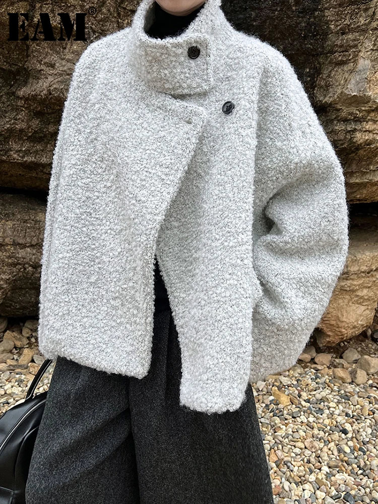 [EAM] Gray 55% Wool Big Size Thick Warm Woolen Coat New Stand Collar Long Sleeve Women Jacket Fashion Autumn Winter 2024 1DH7904