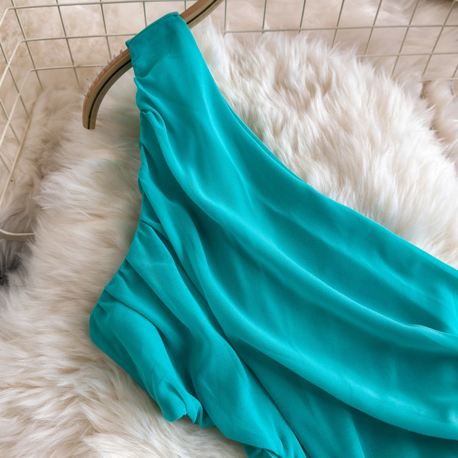 Abito lungo da donna con scollo obliquo e monospalla, grande altalena, da donna, diviso, elegante, di lusso, per cena di compleanno, banchetto, Boho, abito tropicale azzurro cielo