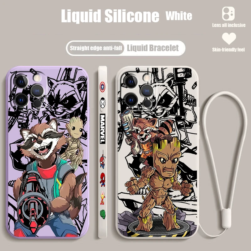 Marvel Rocket Bear Cartoon Cool Liquid Left Rope For Apple iPhone 15 14 13 12 11 XS XR X 8 7 SE Pro Max Plus Mini Soft