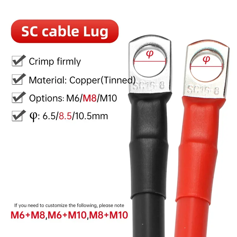 Soft Battery Cable Silicone wire 8 6 4 2 0 AWG Stranded Tin-plated Copper Wire With M6 M8 M10 Lug For Inverter Car Solar