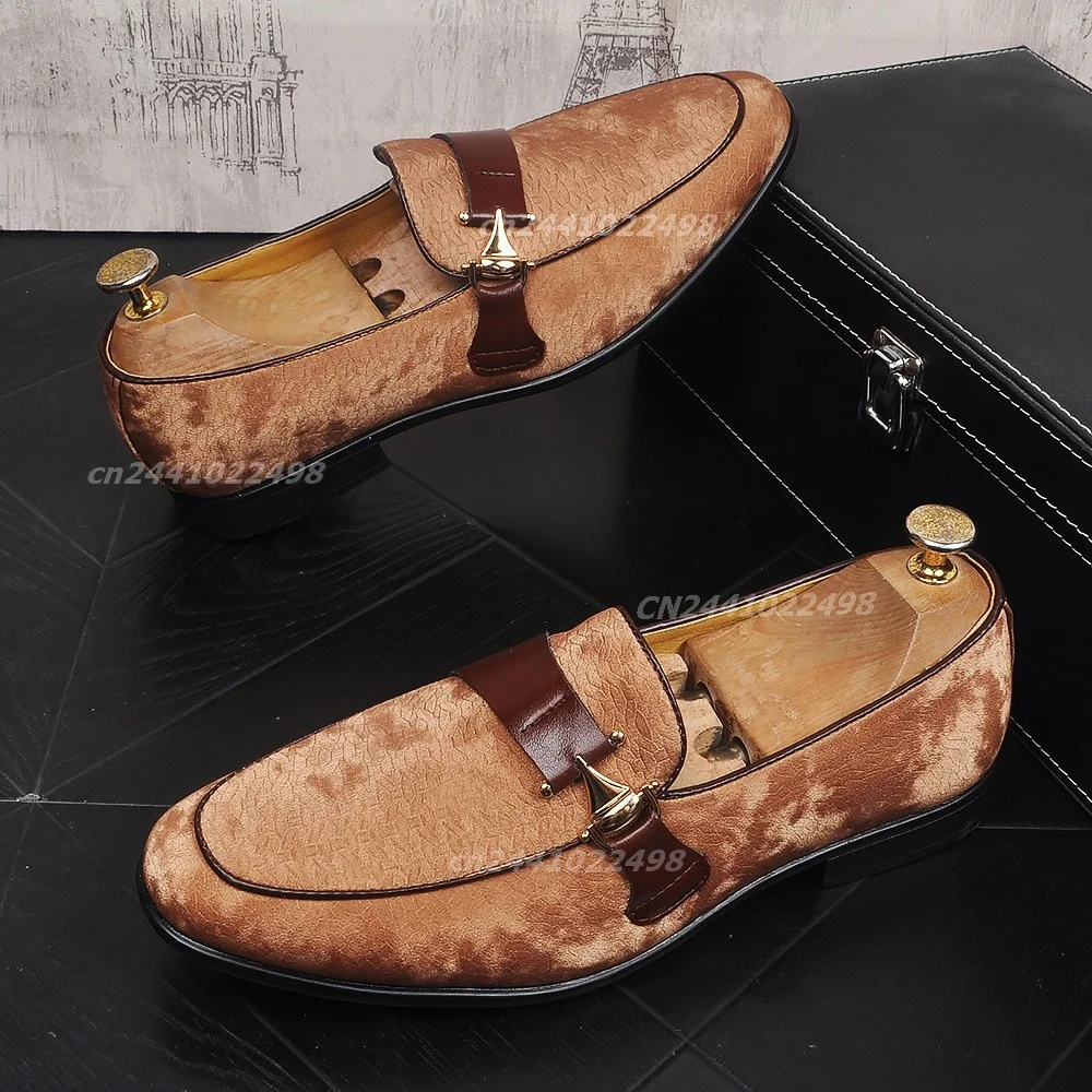 Men's Suede Leather Metal Buckle Loafers, Rounded Square Toe, Wrinkle Textured Velvet Upper, Slip-On Footwear in Warm Camel