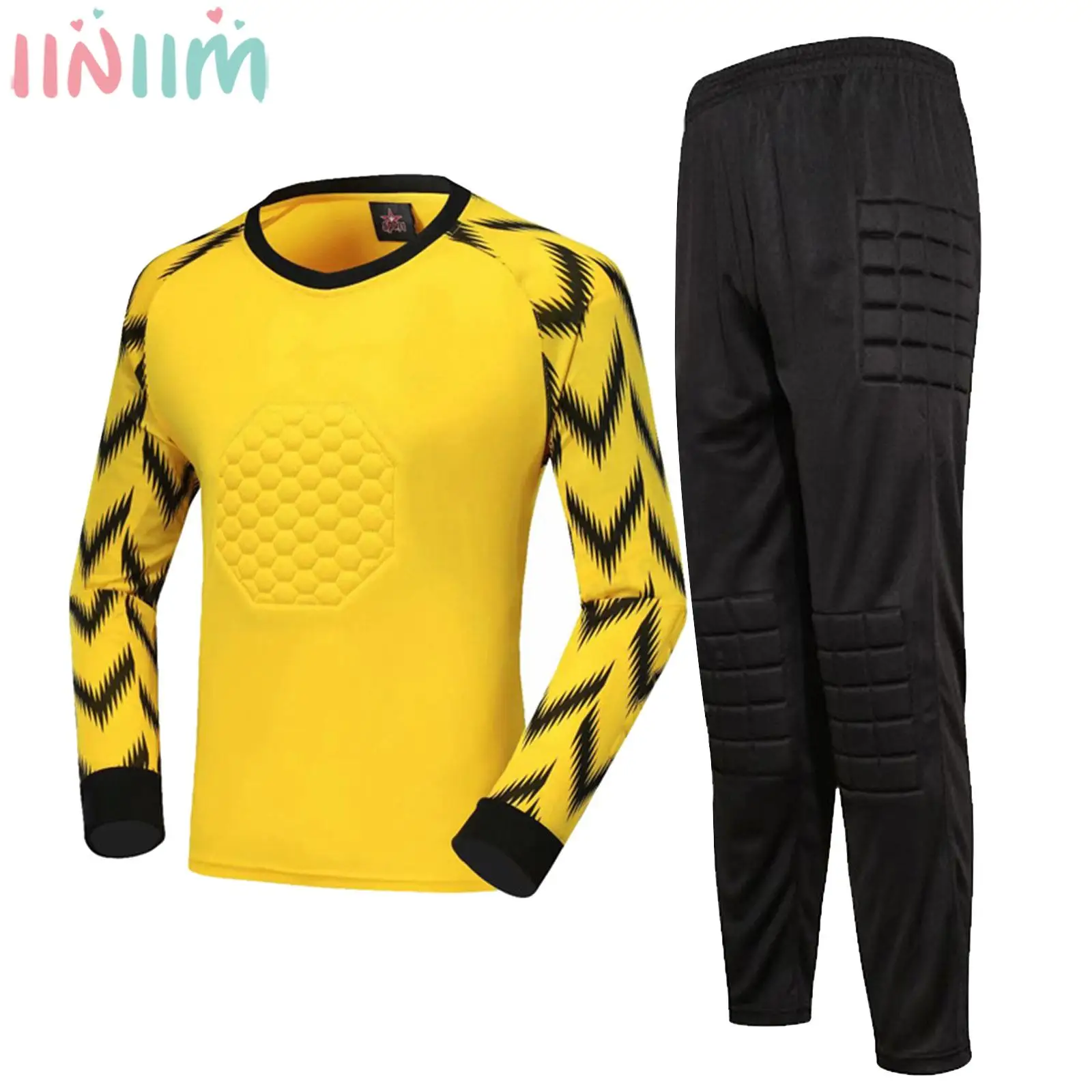 Kids Boys Soccer Goalkeeper Outfits Football Goalie Training Uniform Long Sleeve Protective Padded T-shirt with Pants Sportswear