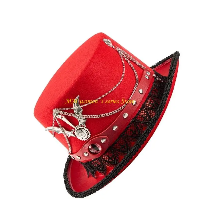 Q39C Unisex Felts Top Hat With Metal Chain and Lace Trim Decoration Halloween Costume Accessories For Steampunk Enthusiasts