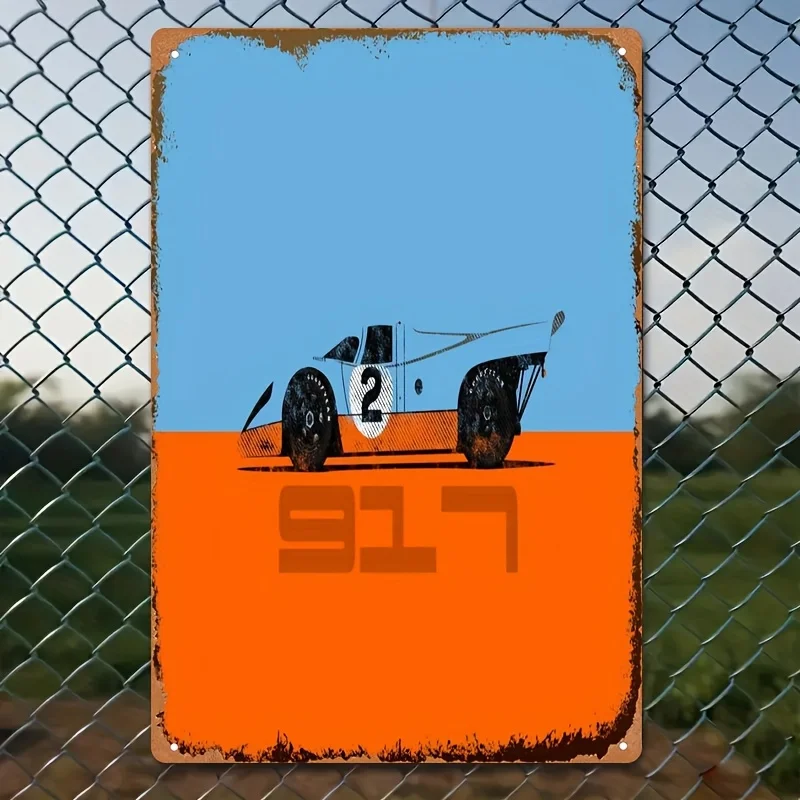 Racing Car Metal Tinplate Wall Art - Retro Iron Plaque Sign with Vibrant Orange & Blue Design, , Wall-Mounted Decor for Home, Ba