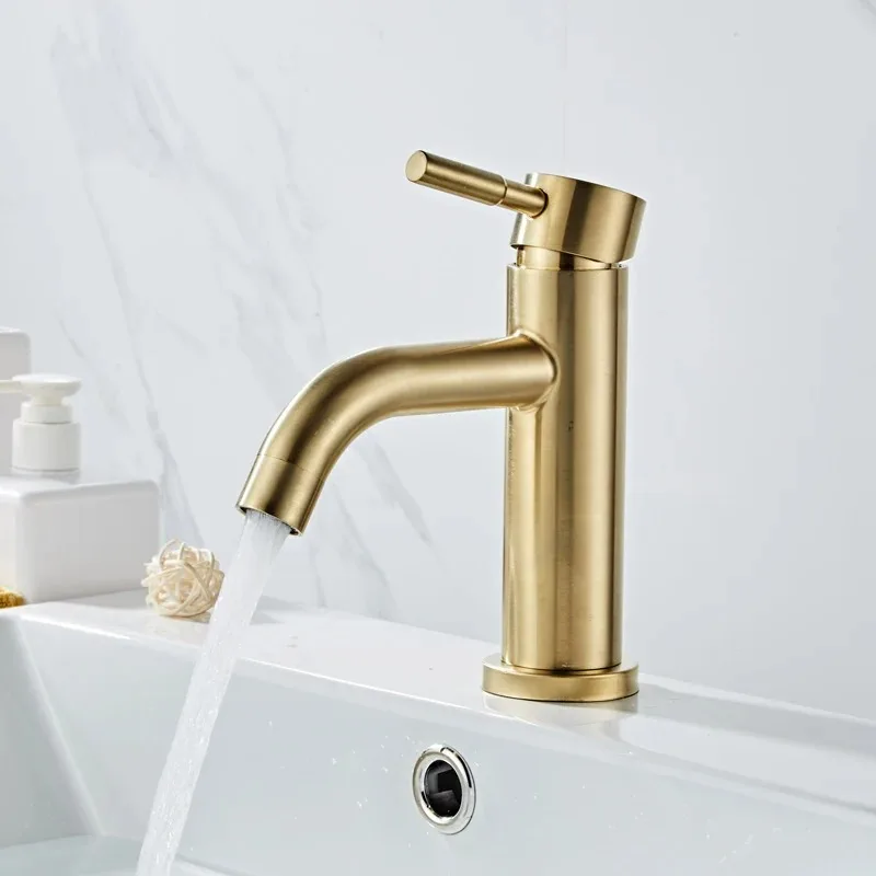 Badkamerkraan Massief Messing Badkamer Wastafelkraan Koud en Warm Water Mengkraan Wastafelkraan Enkele handgreep Badrandcombinaties Geborsteld Gouden Kraan