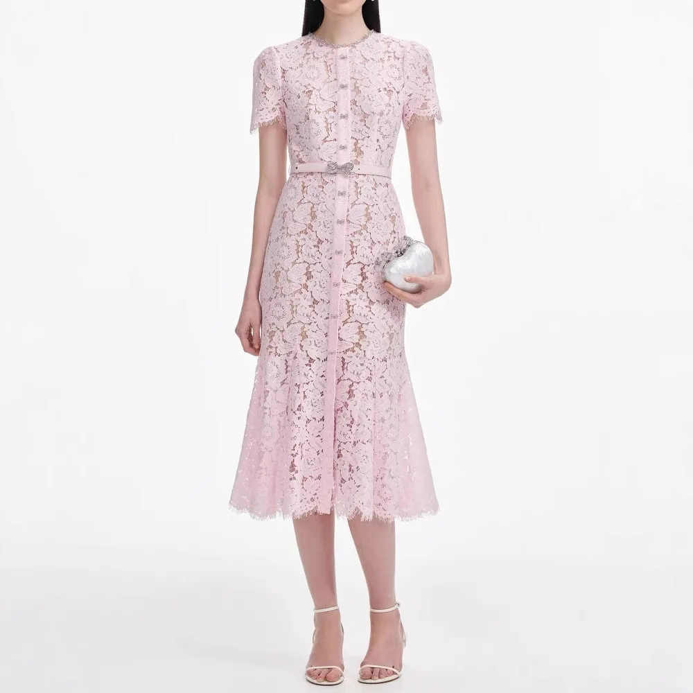 

Women's pink lace dress short sleeves bow diamond elegant midi robe