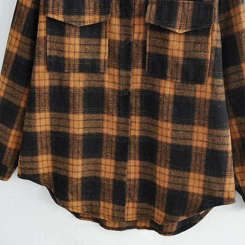 Vintage Casual Plaid Długi rękaw Bawełniana koszula z klapami Jednorzędowa luźna kurtka Długi kardigan damski