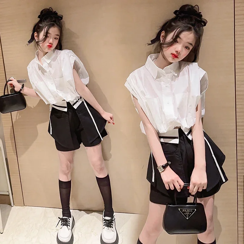 8 10 12 14 teen girl clothes set white shirt tops Black Shorts 2PCs kid summer Korean clothes short sleeve teen girls streetwear