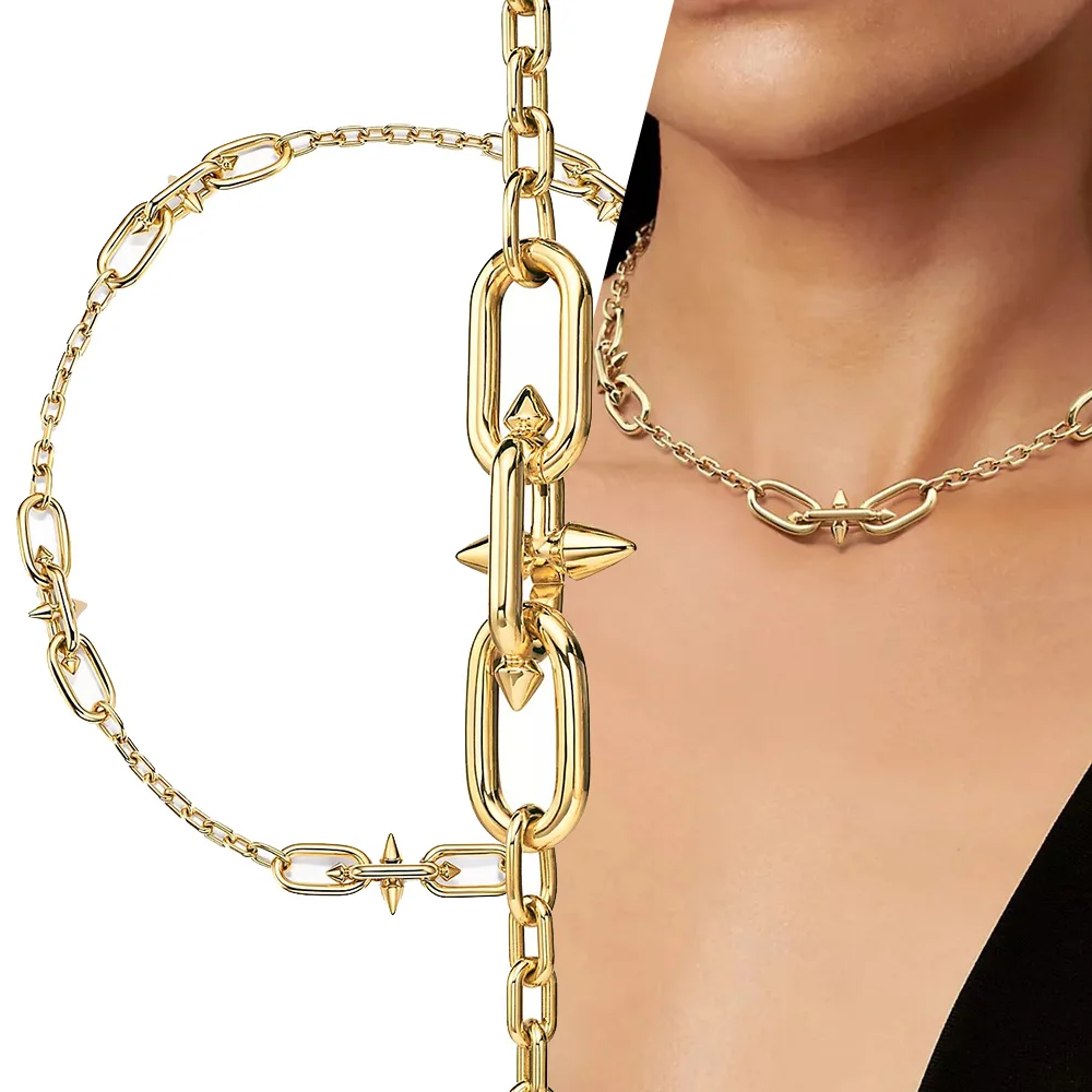 S925 sterling silver medium classic 18k gold fashionable luxury diamond set trident neutral layered chain link necklace