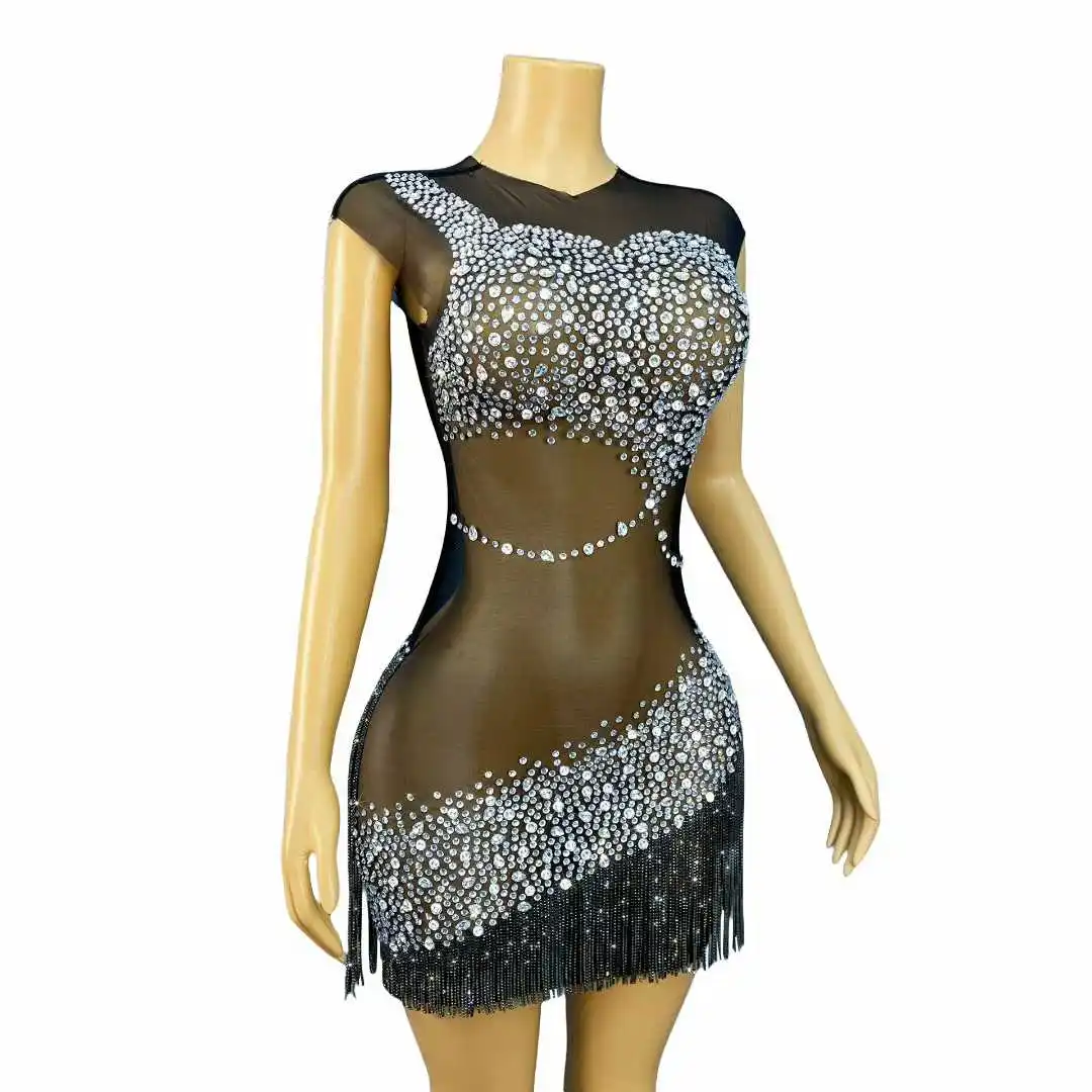 Vestido negro transparente sexi de lujo hecho a mano con cadenas de cristales centelleantes y diamantes de imitación para mujer, vestido de fiesta para espectáculo, vestido de actuación en escenario