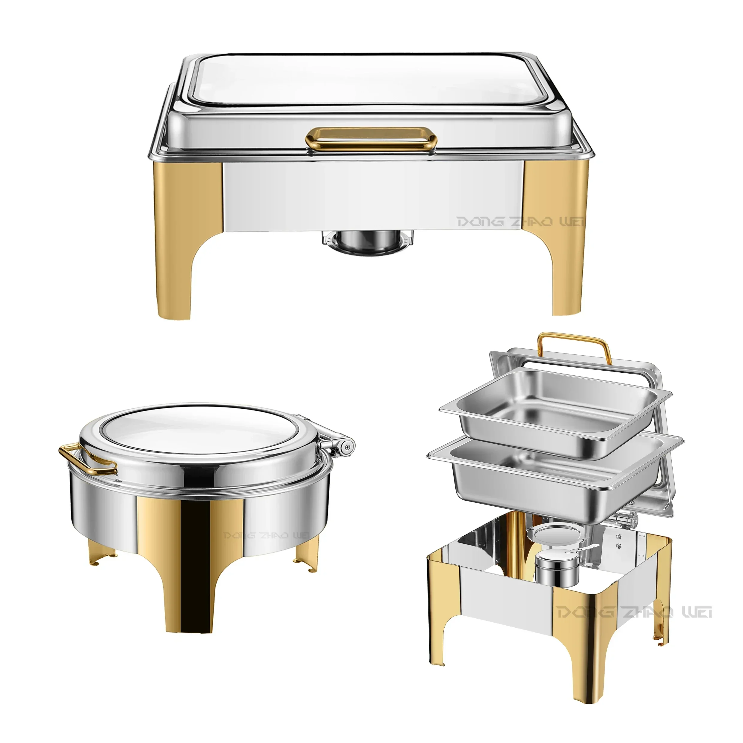 

Hot Sale Golden Wedding Chafing Dish Counter top Buffet Set 6.0L Stainless Steel Round Hydraulic Chafing Dishes