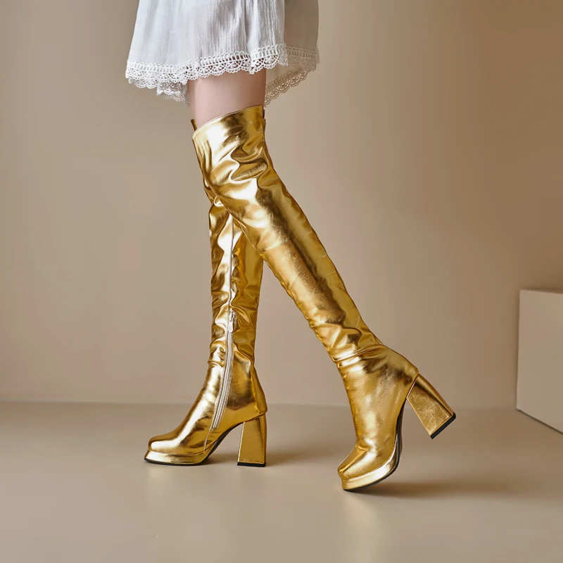 Plus Size Metal Gold Microfiber Damskie buty za kolano Platforma z kwadratowymi noskami Bardzo wysoki gruby obcas Zamek błyskawiczny Długie buty