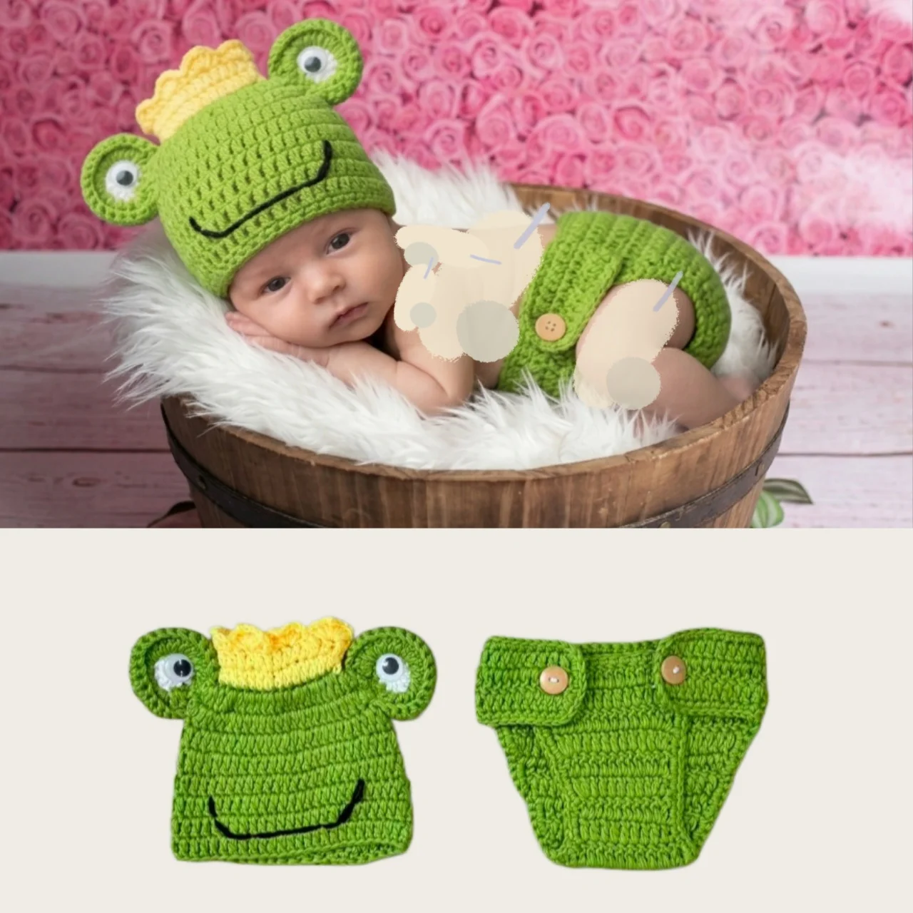 

Baby Photography Props Cute Knitted Frog Costume with Crown Hat Shorts Set for Newborn Photo Shoot Infant HandmadeCrochet Outfit