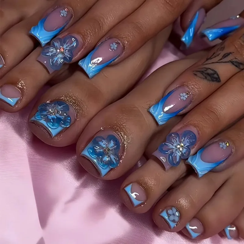 48 Pcs/2 Sets Fingernail and Toenail False Nails Press on 3D Flower Blue Press on Nails Medium Long Square Summer Nail Tips 2025