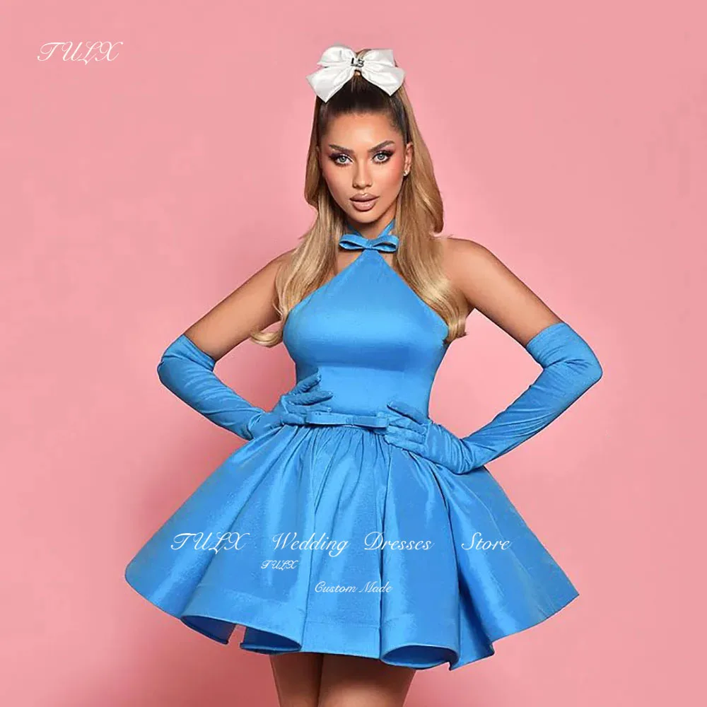 

TULX Blue A-Line Taffeta Mini Prom Dressses Halter Sleeveless Ball Gowns Cocktail Dress for Women Birthday Party Gowns Outfits