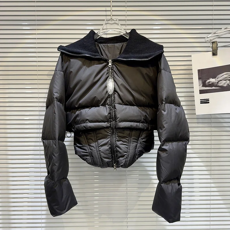 2025 겨울 신상 스트리트 패션 네이비 칼라 슬림핏 피쉬본 핫걸 다운 재킷 니치 디자인 센스 숏 스타일 코트