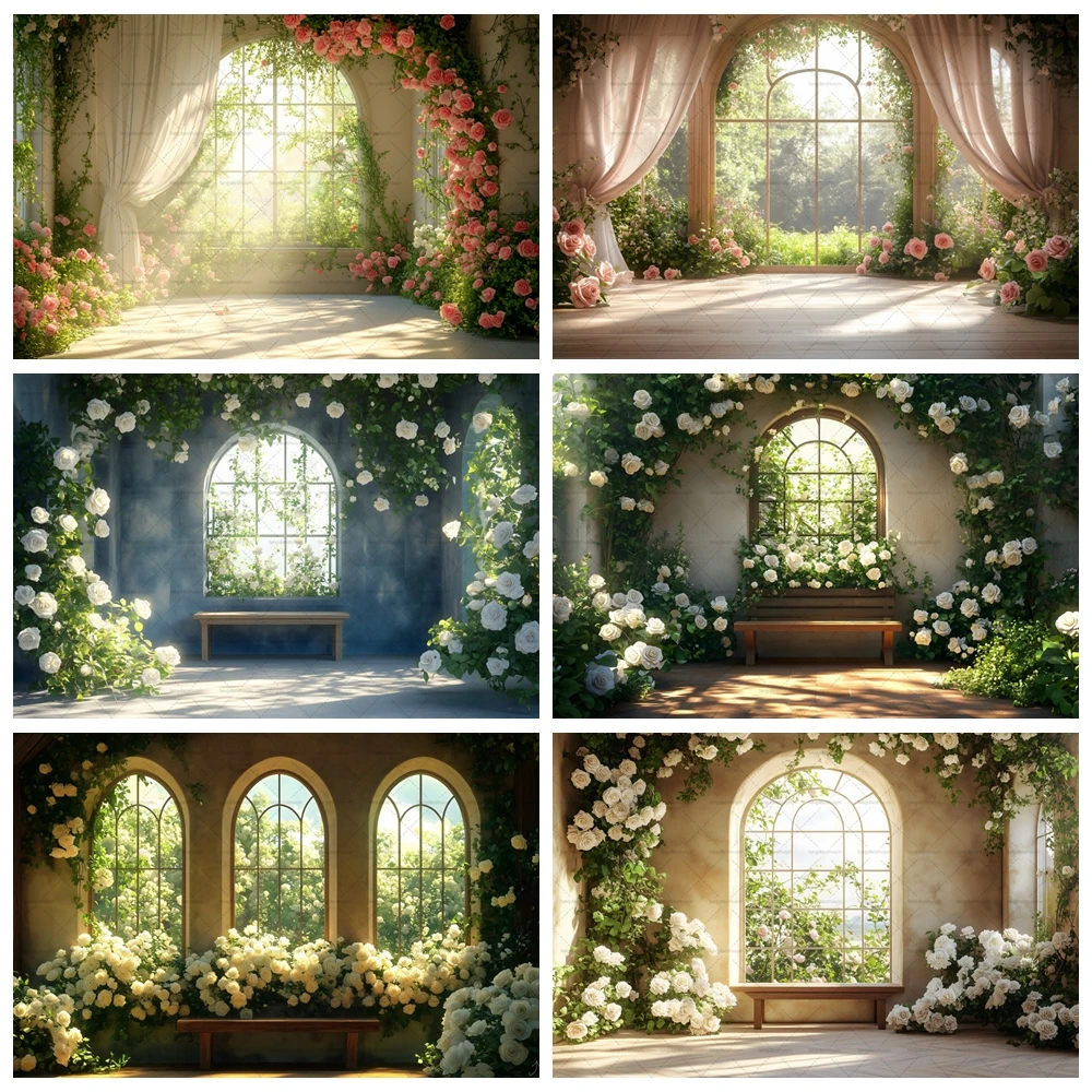 

Wedding Windows Flower Backdrop Romantic Rose Flower Plant Photography Background Birthday Baby Shower Decor Banner Photo Studio