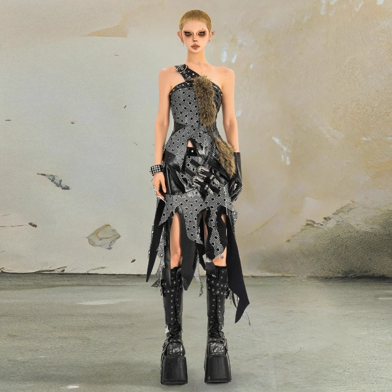 التصميم الأصلي الظلام القوطية روك الملابس النسائية 2025 الخريف جديد الحلو كول الساخن فتاة فريدة من نوعها غير النظامية منتصف طول التنانير السيدات